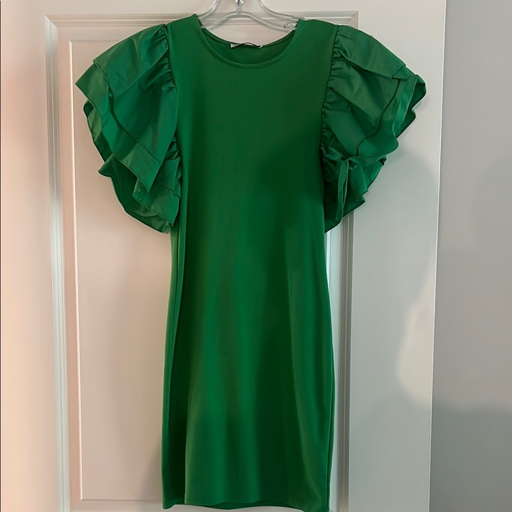 Zara Green Ruffle Sleeve Mini Dress